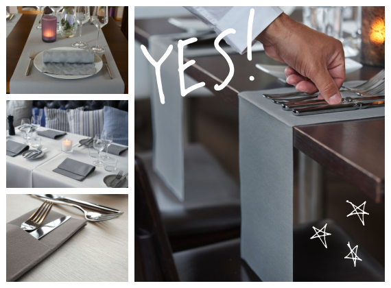 Grey table settings and napkins in a restaurant